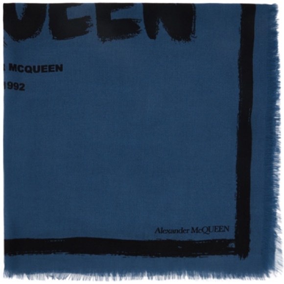 ALEXANDER MCQUEEN 100% Wool Blue Graffiti Scarf - Picture 2 of 11
